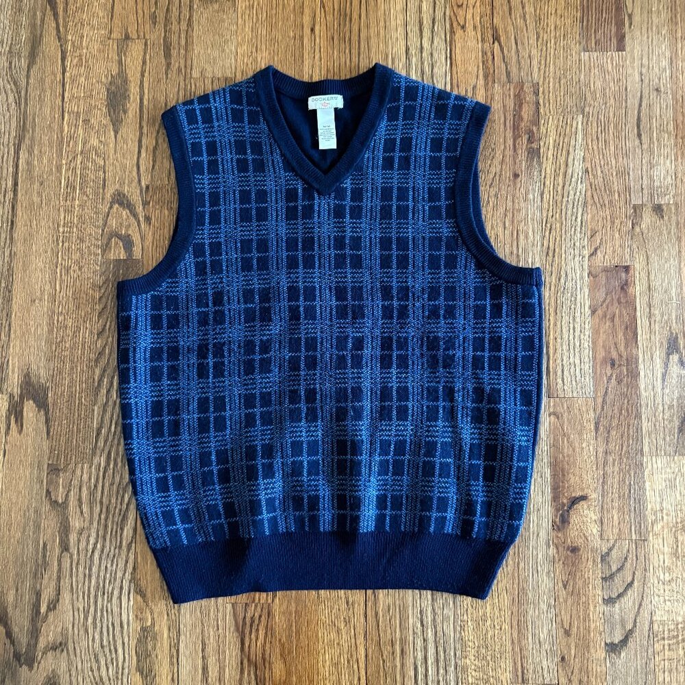 Dockers Vest Sweater Mens Blue Plaid Pattern Preppy Grandpa Chic Size Medium